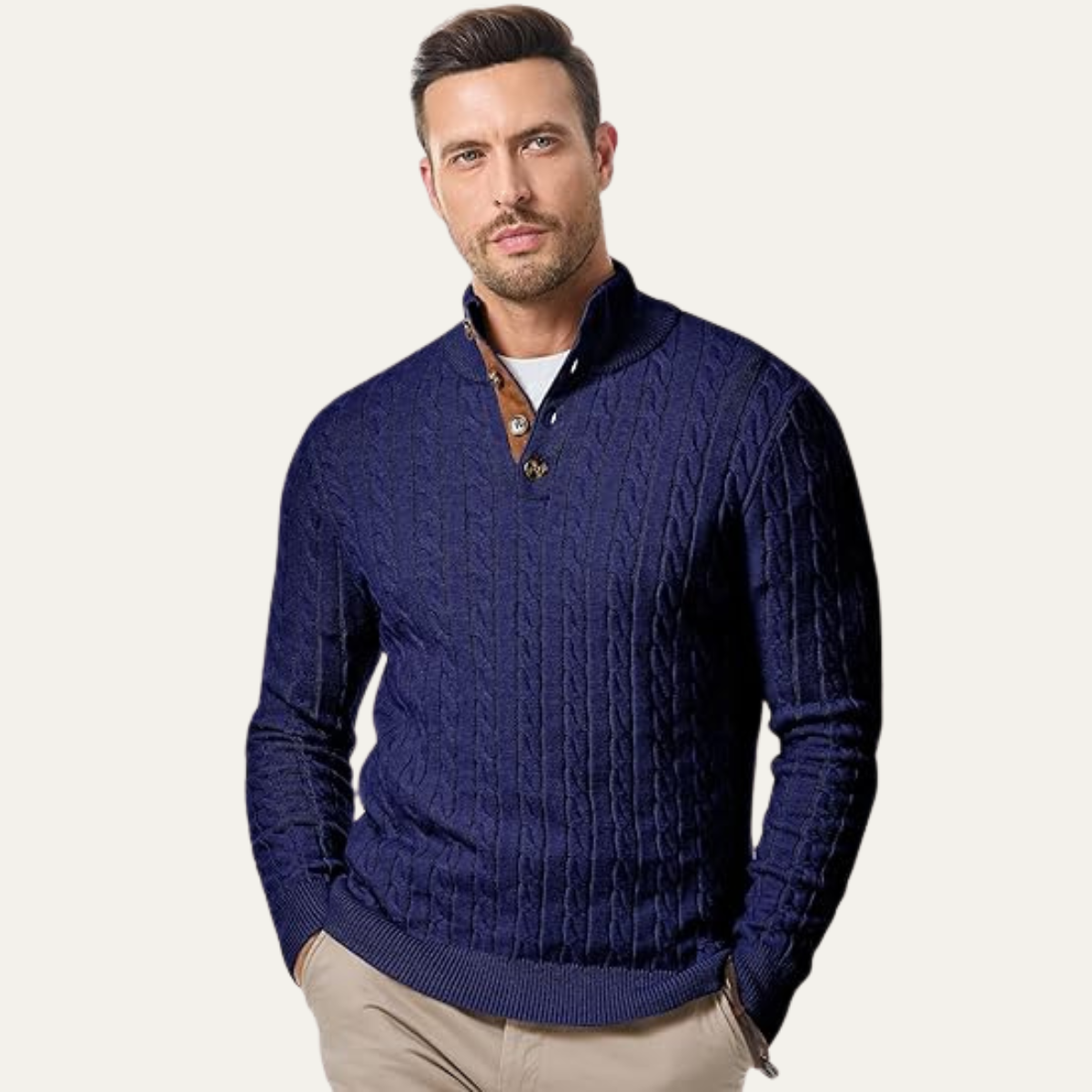 Bram | Men's Cable Knit Sweater Black Elbow Patch Quarter Zip