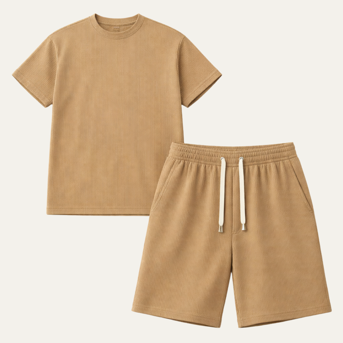 Kade | Men's Sweatsuit Cream Ribbed Knit Short Sleeve