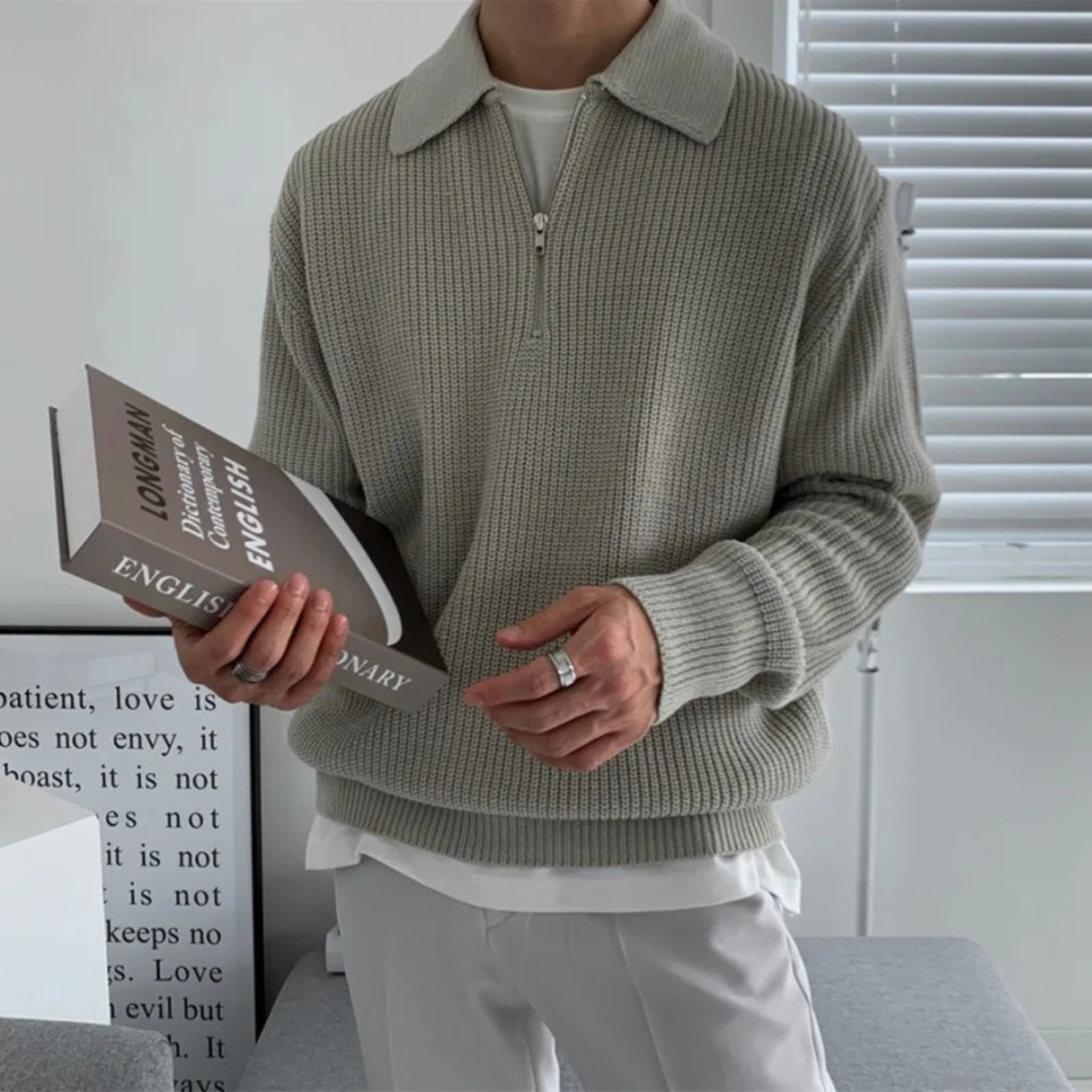 Ash | Men's Quarter Zip Sweater Cream Waffle Knit