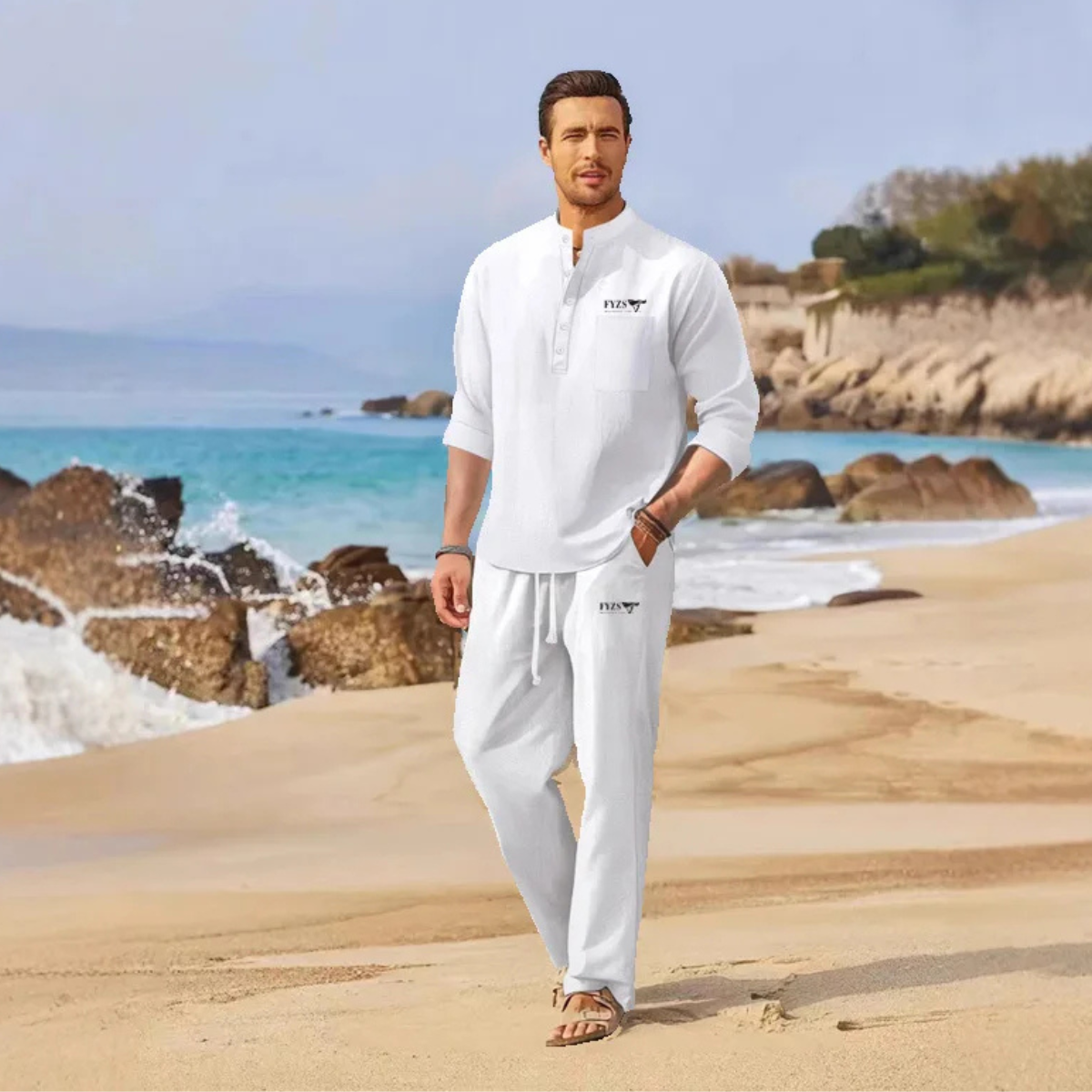 Eli | Men's Linen Set Cream Henley Shirt And Pants