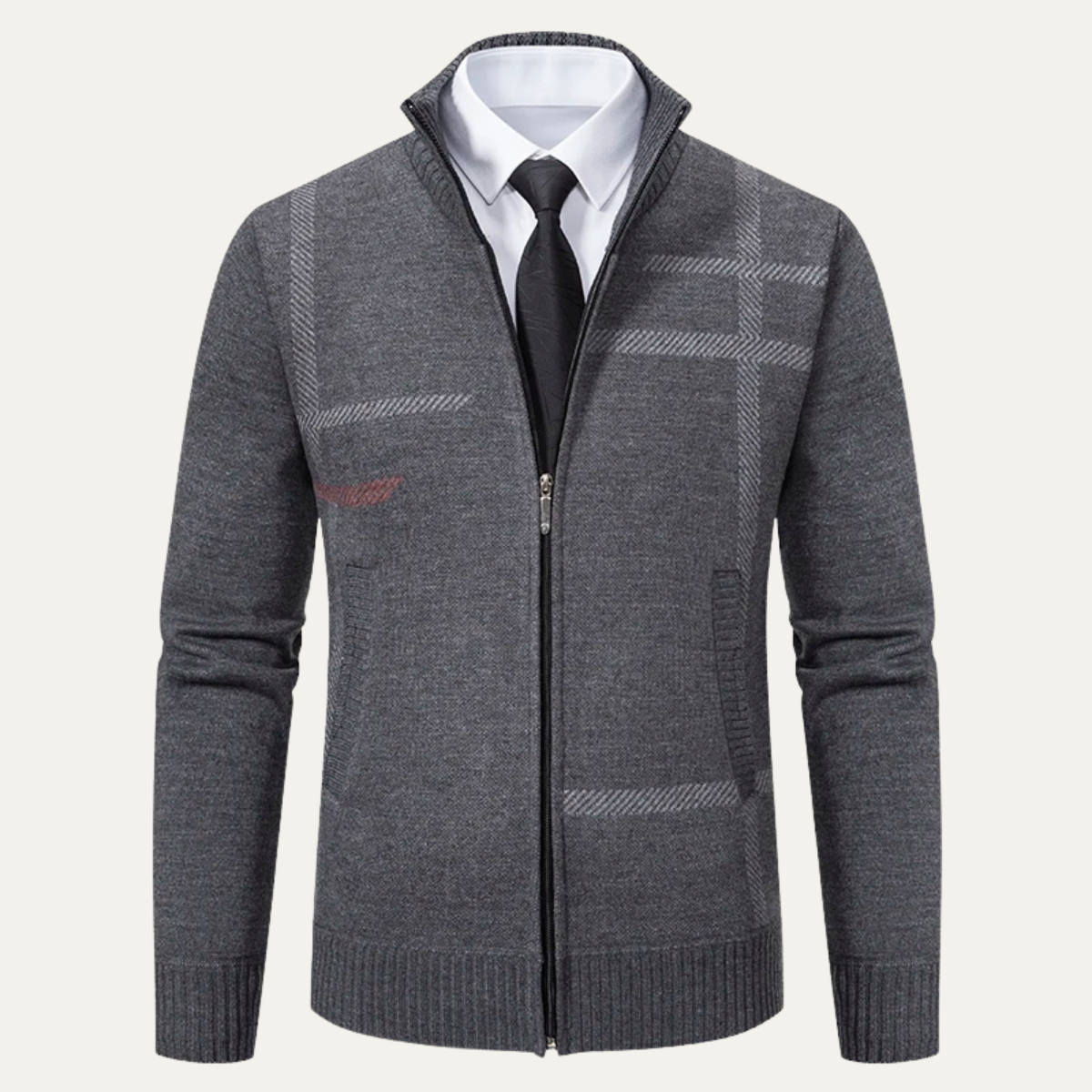 Beau | Men's Full Zip Cardigan Gray Plaid