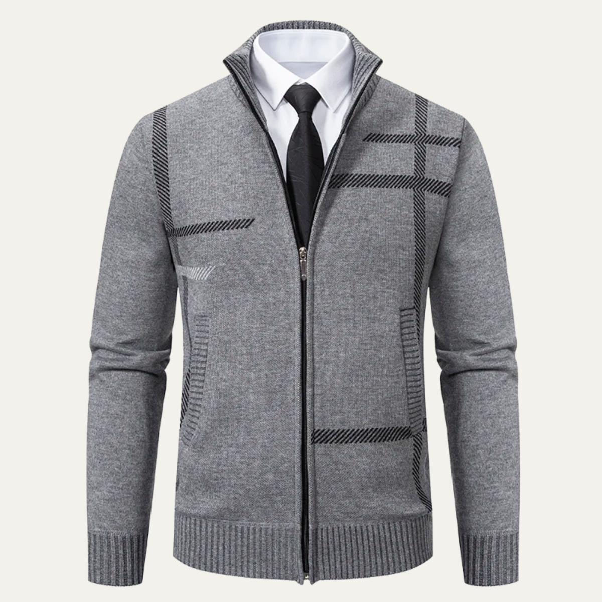 Beau | Men's Full Zip Cardigan Gray Plaid