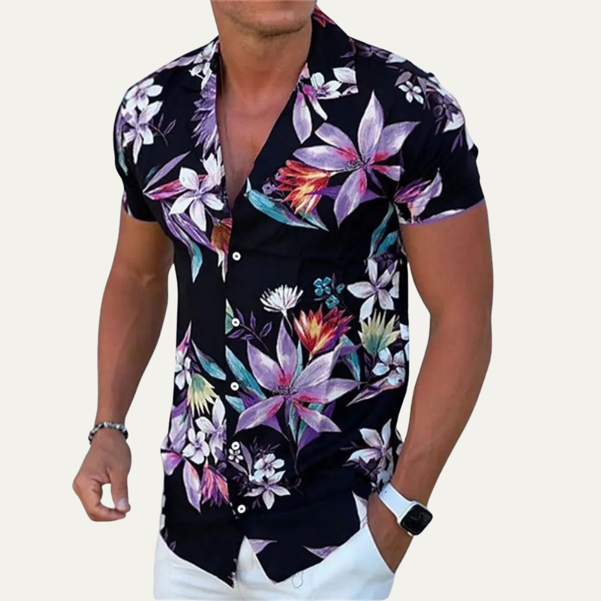 Rhys | Men's Hawaiian Shirt Black Floral Purple Short Sleeve Button Up