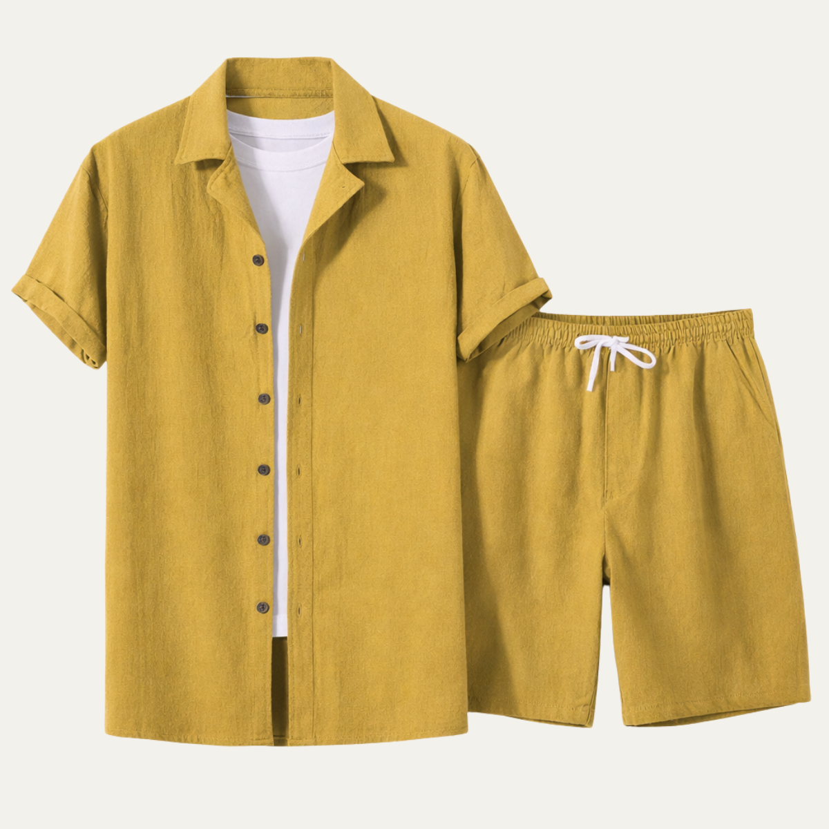 Lars | Men's Casual Button Up Short Sleeve Shirt Shorts Set Gold