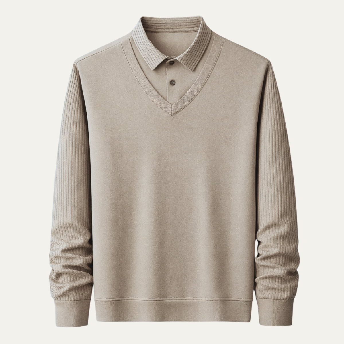 Axel | Men's V Neck Sweater Cream Ribbed Sleeves