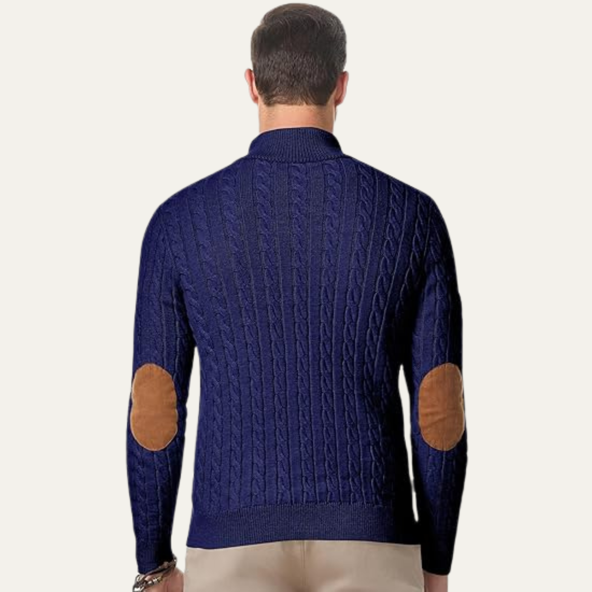 Bram | Men's Cable Knit Sweater Black Elbow Patch Quarter Zip