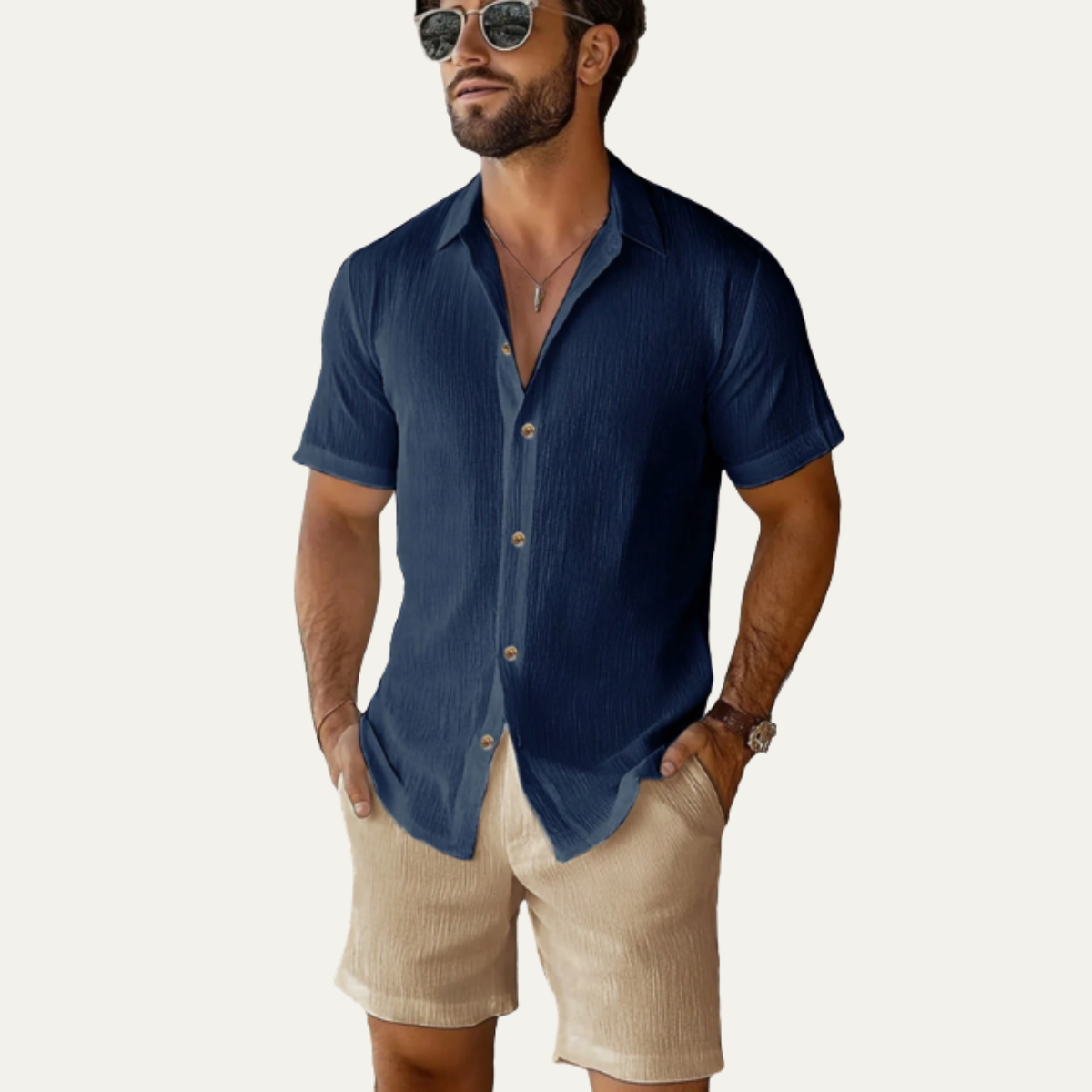 Silas | Men's Casual Linen Button Up Shirt Light Blue Short Sleeve