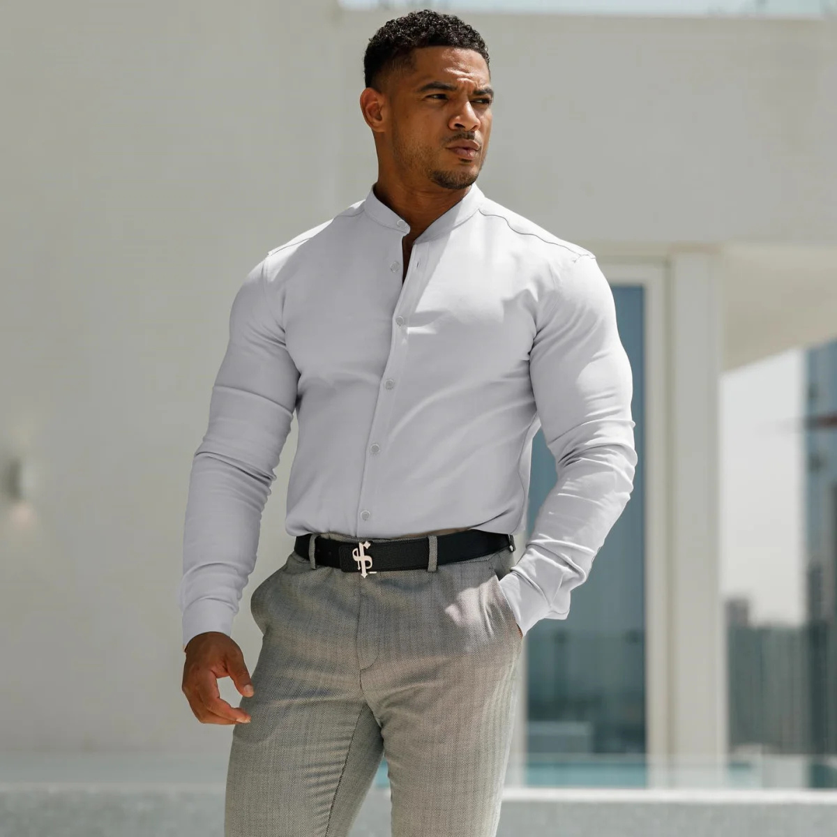 Sage | Men's Fitted Stand Collar Dress Shirt White Long Sleeve