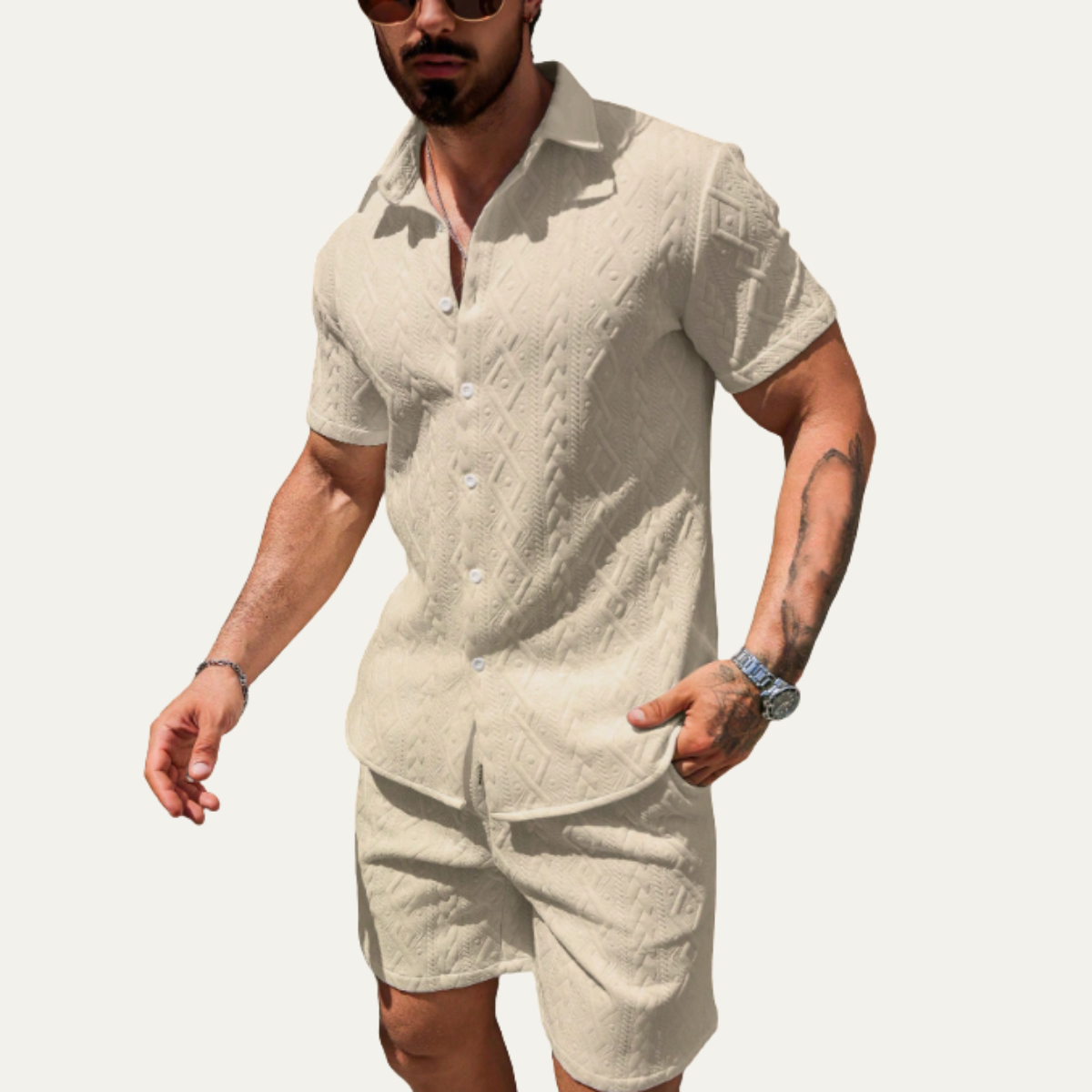 Kai | Men's Textured Cable Knit Sweatsuit Cream Short Sleeve