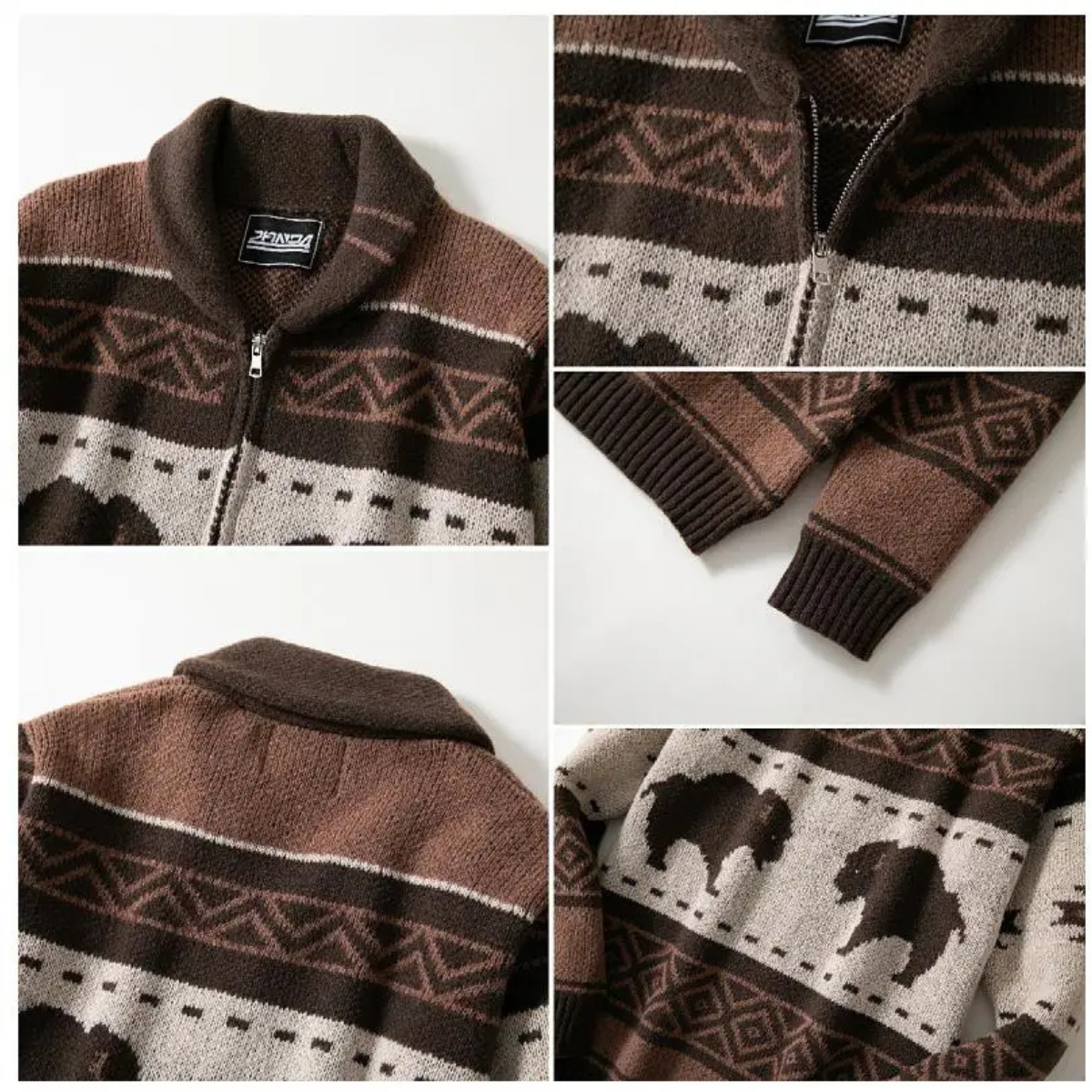 Beau | Men's Vintage Buffalo Cardigan Brown Cream Geometric Pattern
