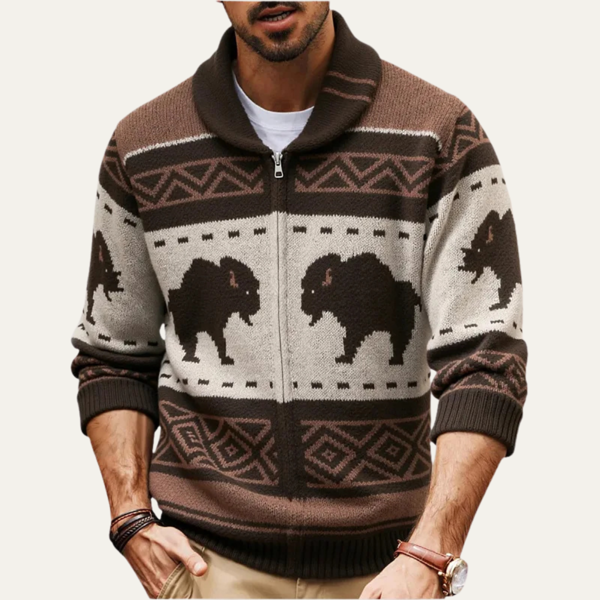 Beau | Men's Vintage Buffalo Cardigan Brown Cream Geometric Pattern