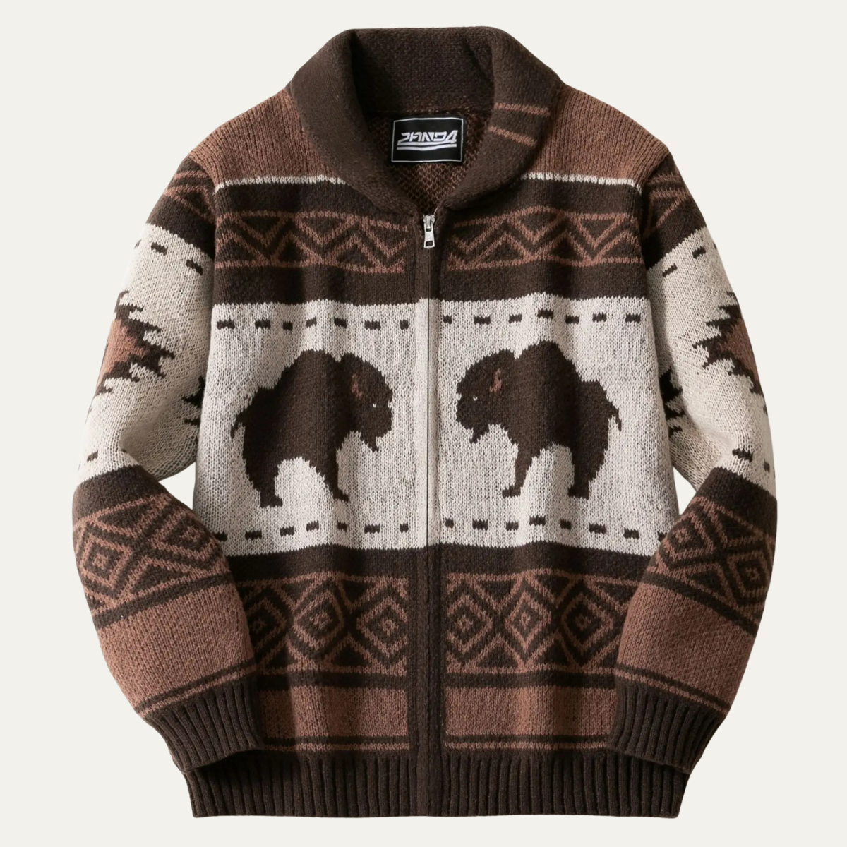 Beau | Men's Vintage Buffalo Cardigan Brown Cream Geometric Pattern