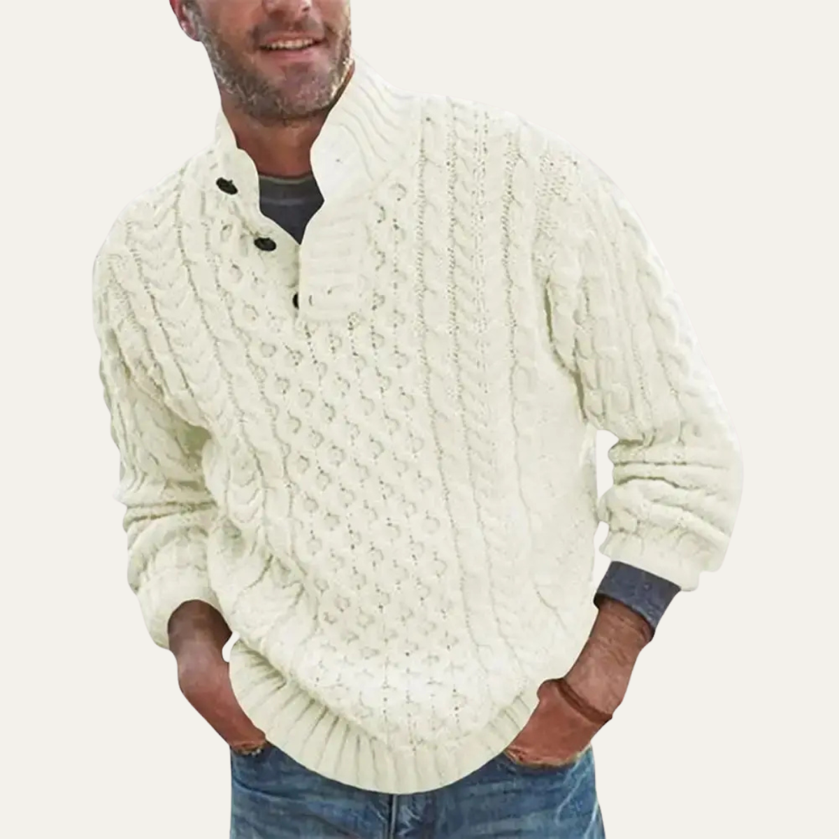 Beau | Men's Cable Knit Sweater Cream Quarter Zip Button Neck