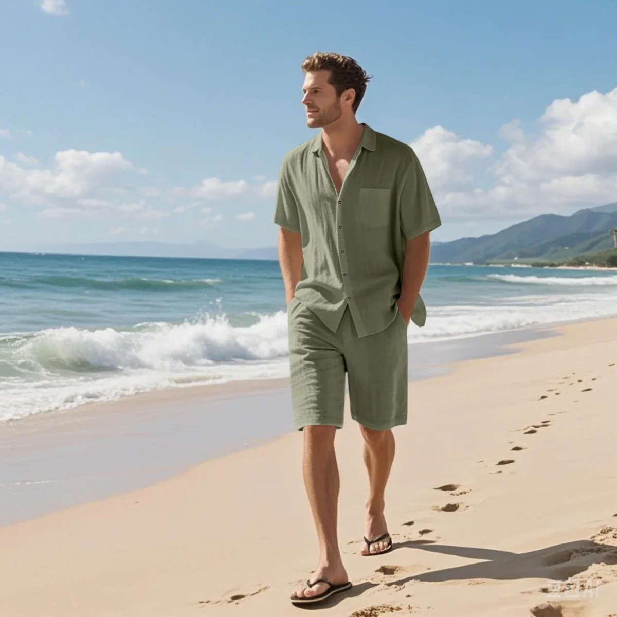 Luca | Men's Casual Linen Shirt Shorts Set Cream