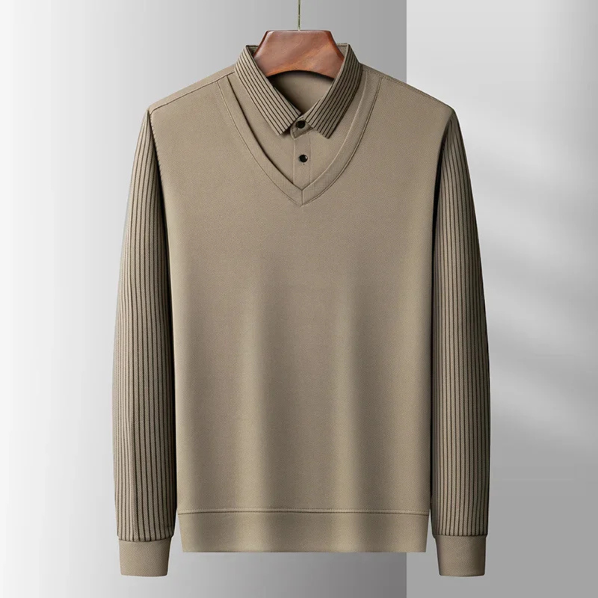 Axel | Men's V Neck Sweater Cream Ribbed Sleeves