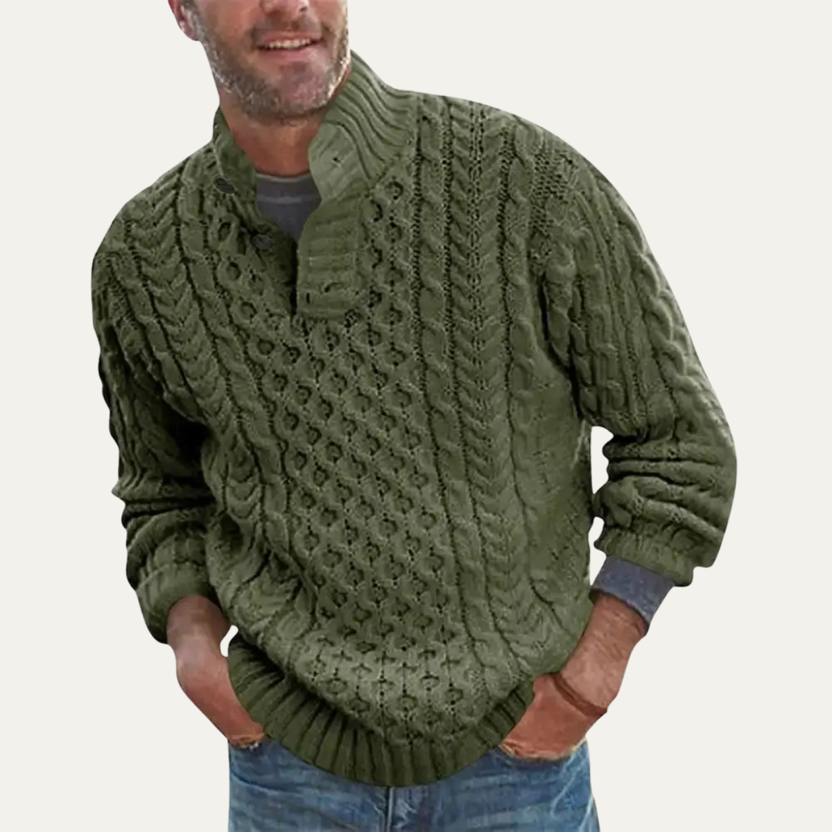 Beau | Men's Cable Knit Sweater Cream Quarter Zip Button Neck