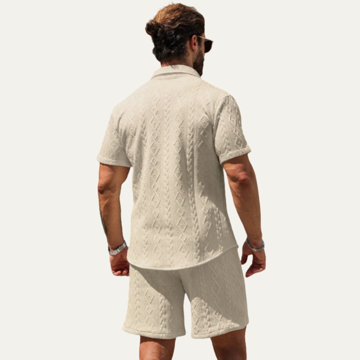 Kai | Men's Textured Cable Knit Sweatsuit Cream Short Sleeve