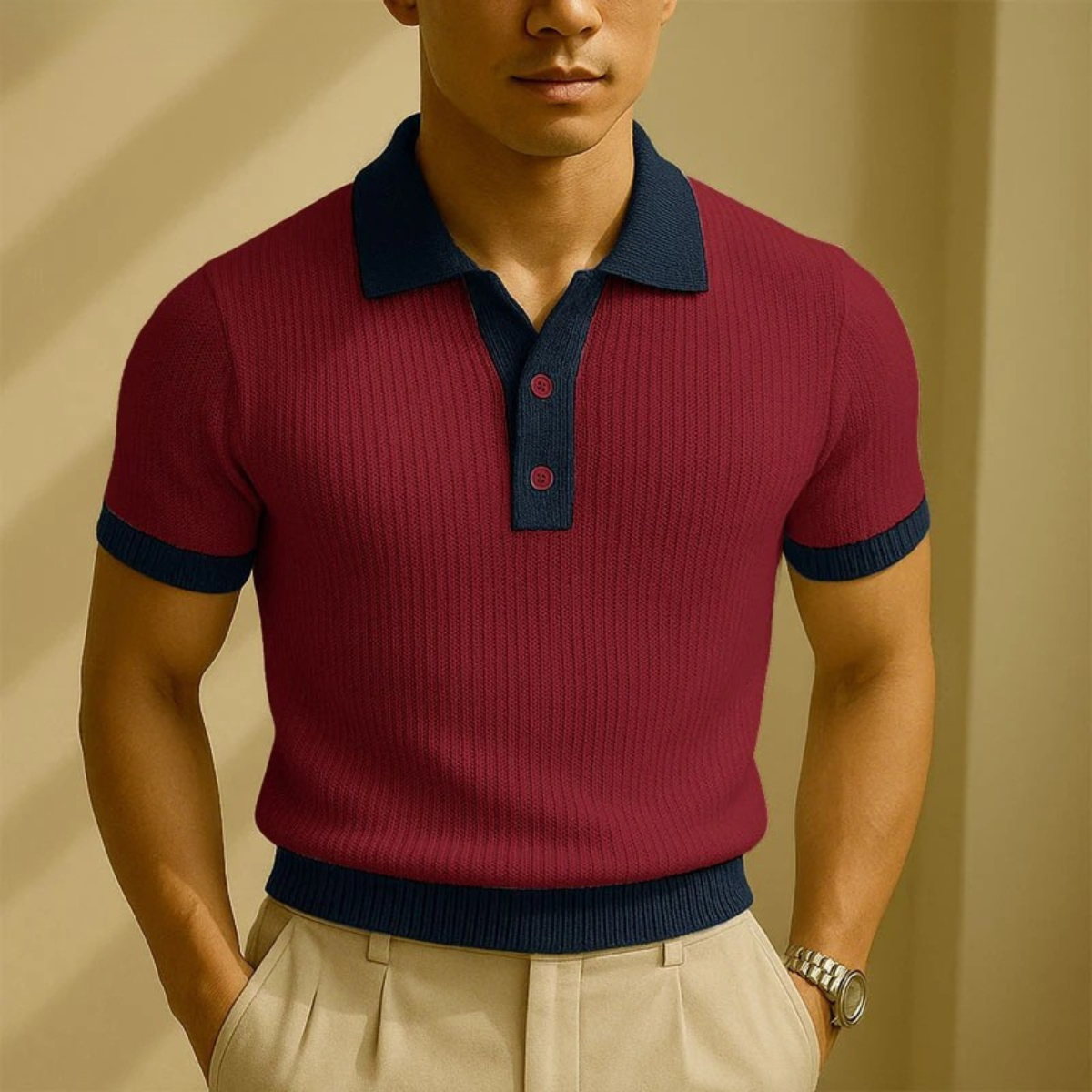 Beau | Men's Ribbed Polo Shirt Cream Navy Colorblock Short Sleeve