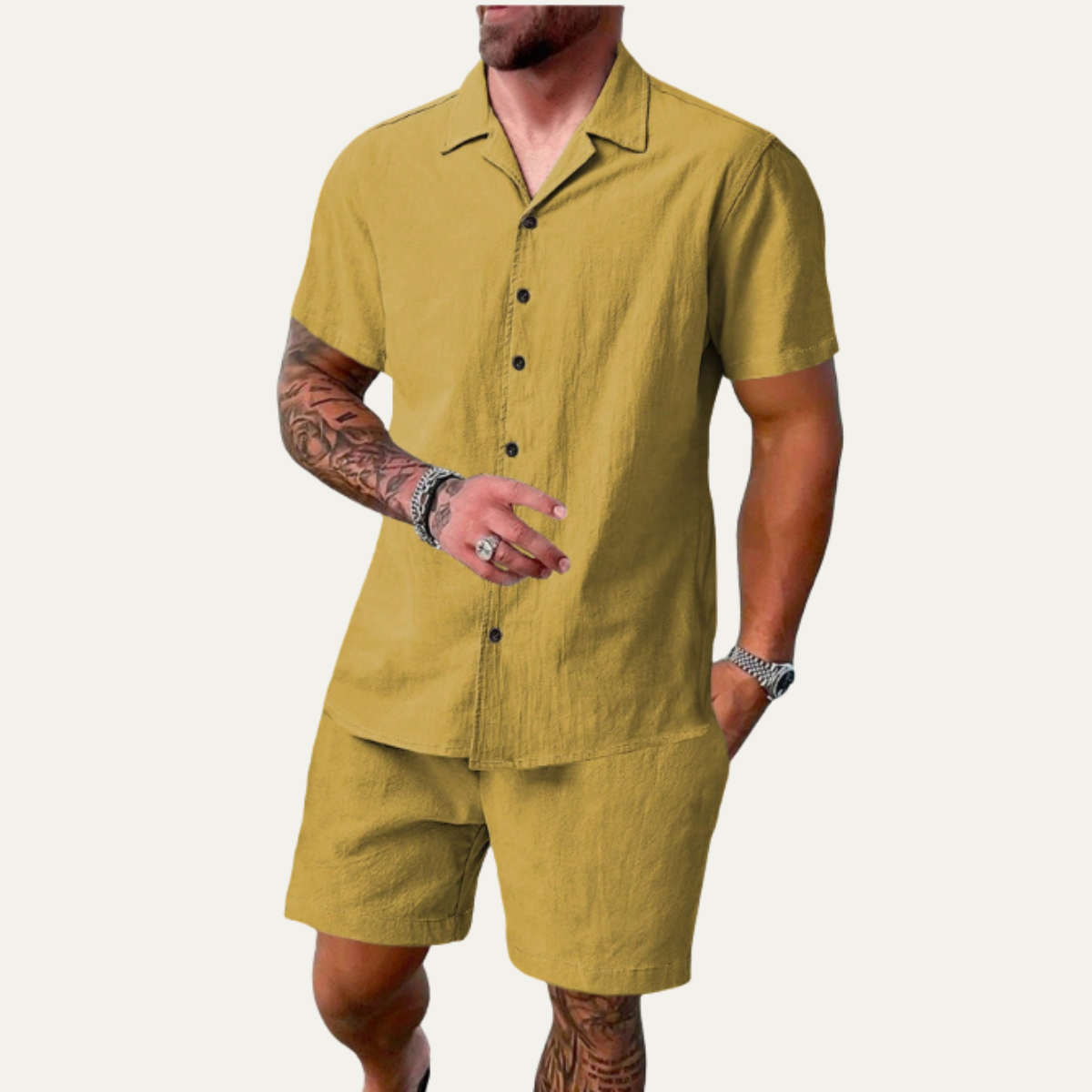 Lars | Men's Casual Button Up Short Sleeve Shirt Shorts Set Gold