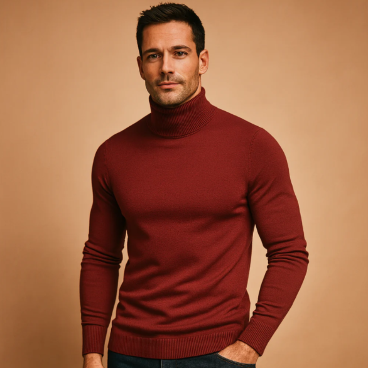Rhys | Men's Turtleneck Sweater Brown Crew Neck Long Sleeve