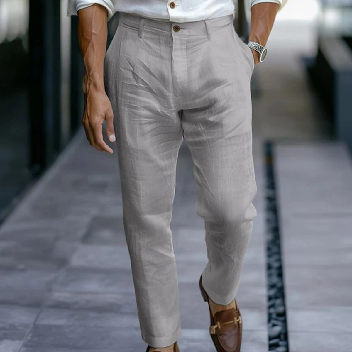 Rowan | Men's Linen Pants Cream Relaxed Fit Ankle Length