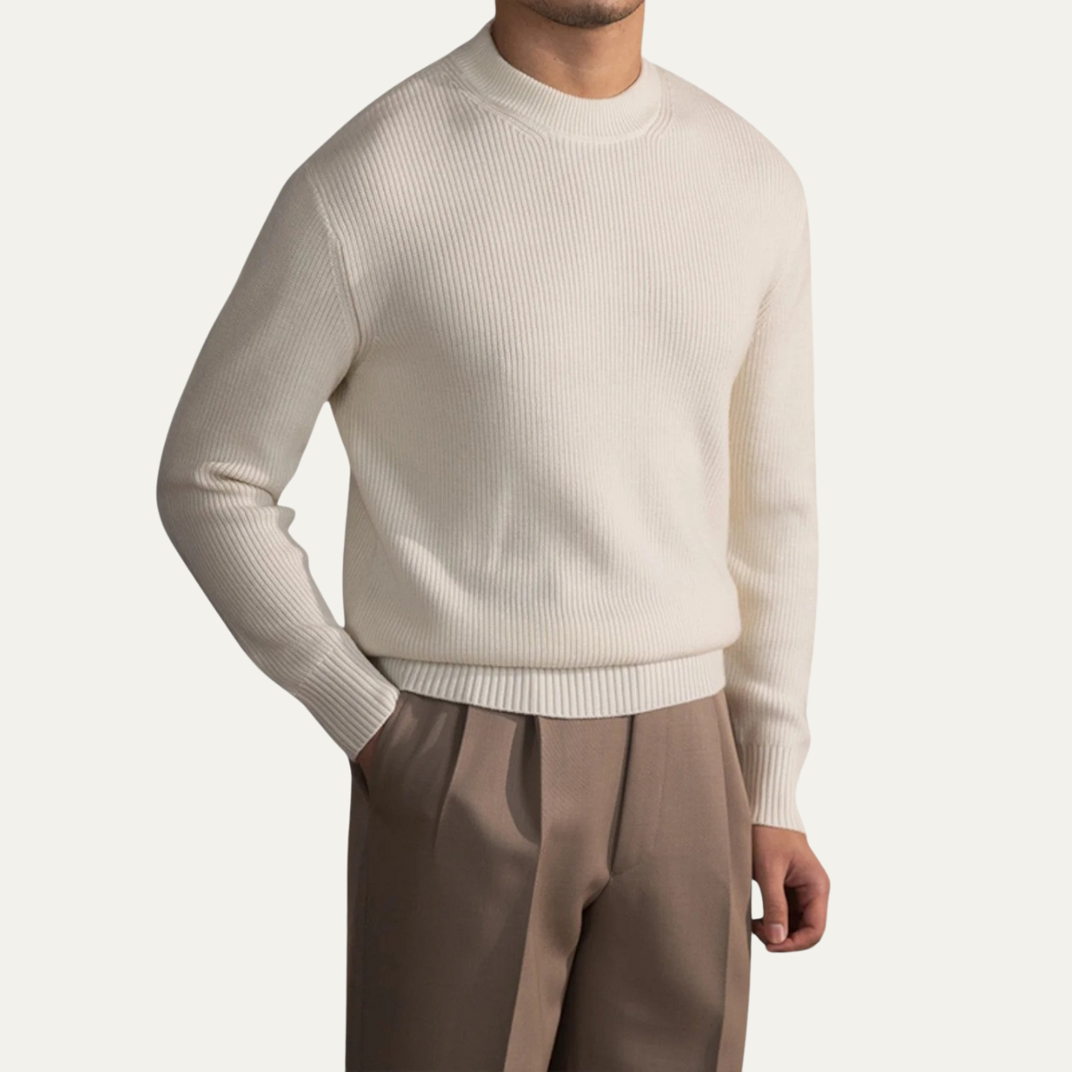 Beau | Men's Crew Neck Sweater Beige Ribbed Knit