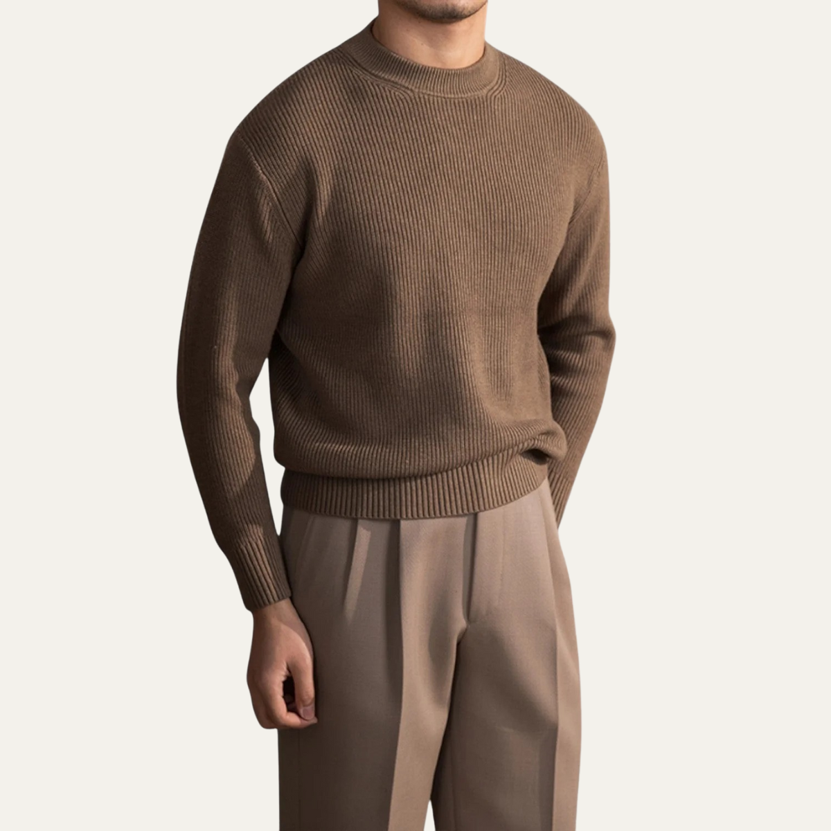 Beau | Men's Crew Neck Sweater Beige Ribbed Knit