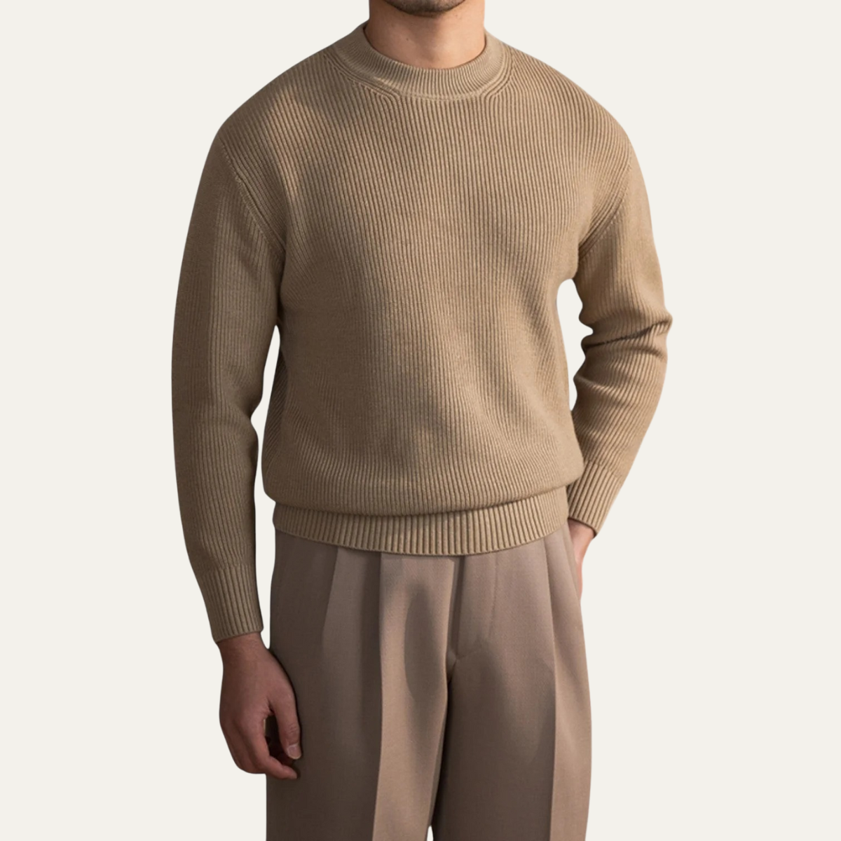 Beau | Men's Crew Neck Sweater Beige Ribbed Knit