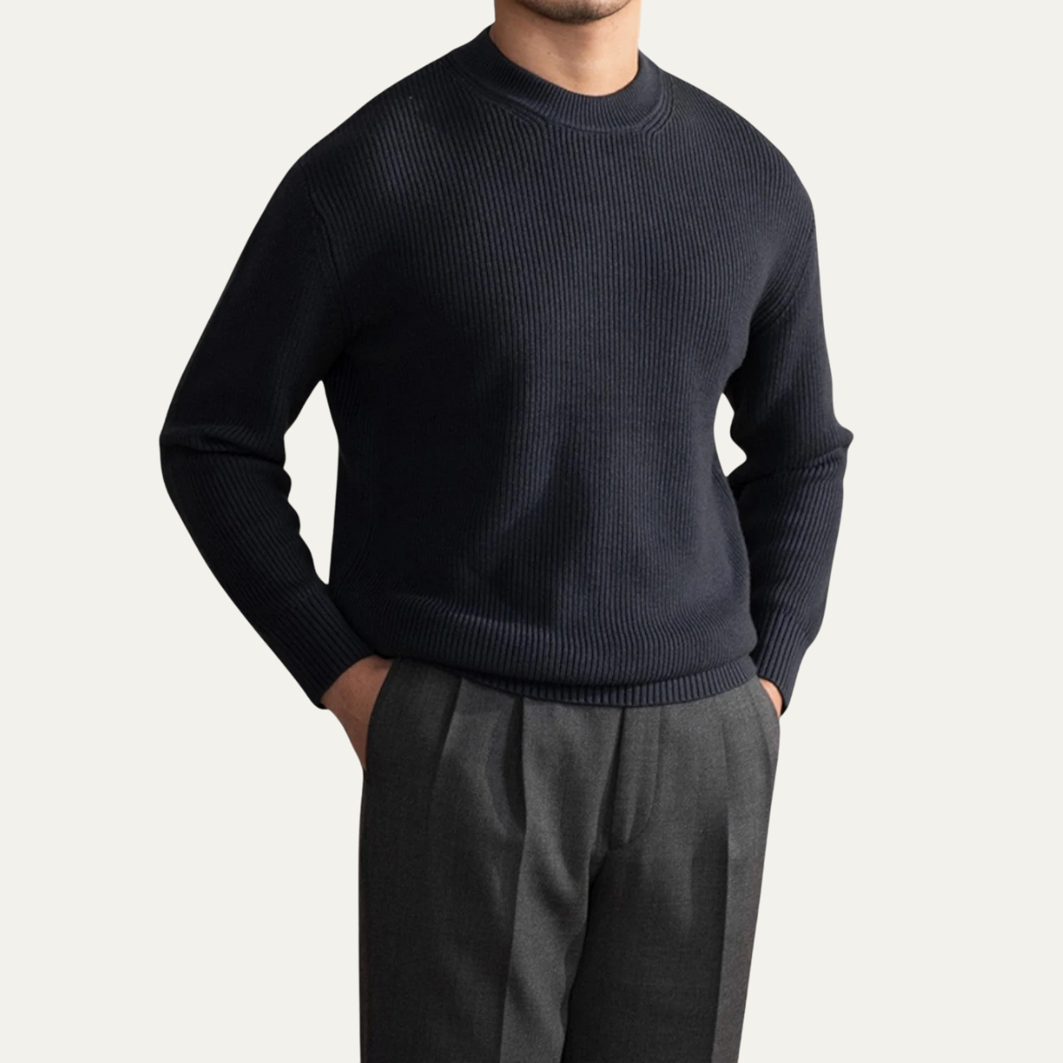 Beau | Men's Crew Neck Sweater Beige Ribbed Knit