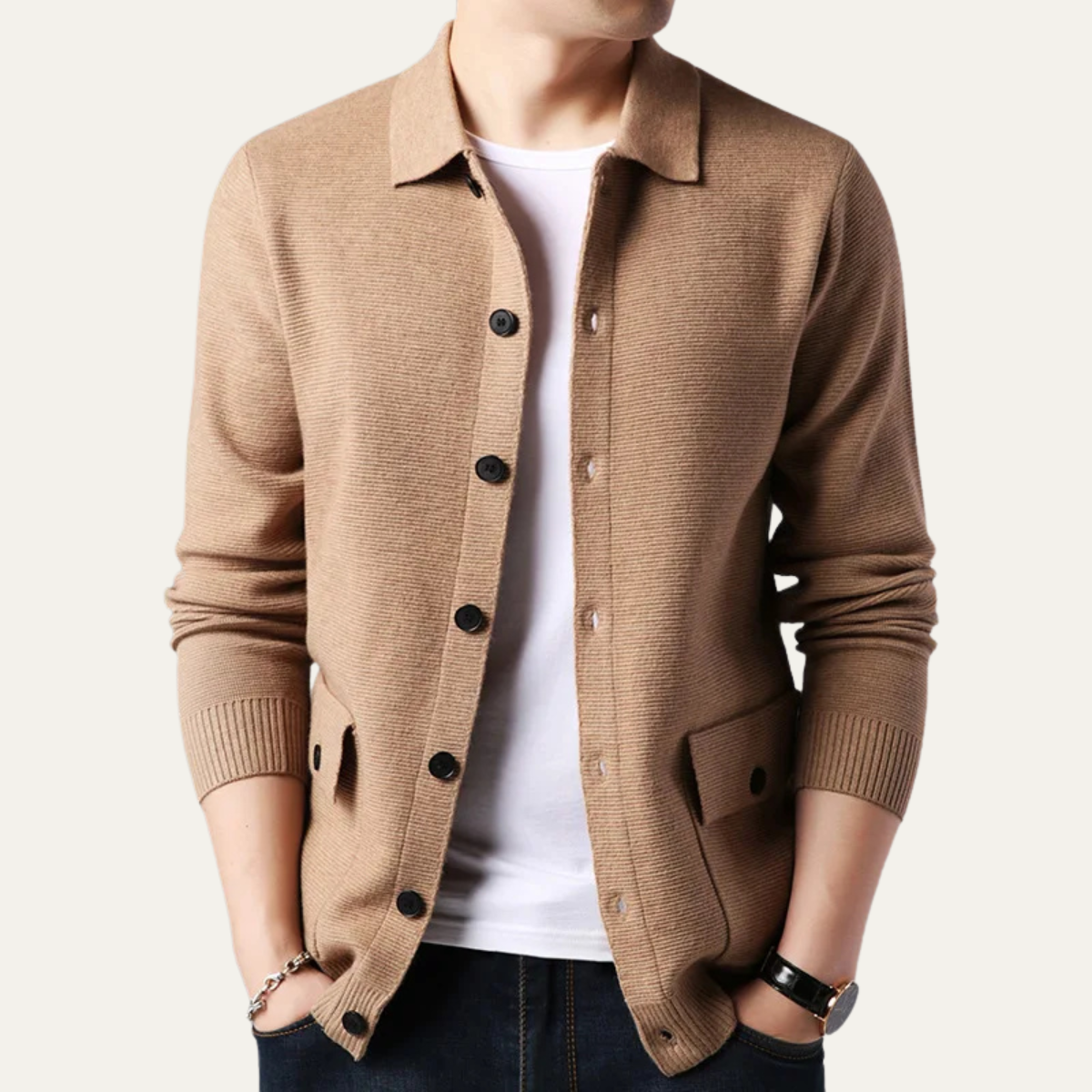 Callum | Men's Knit Cardigan Sweater Beige Button Front