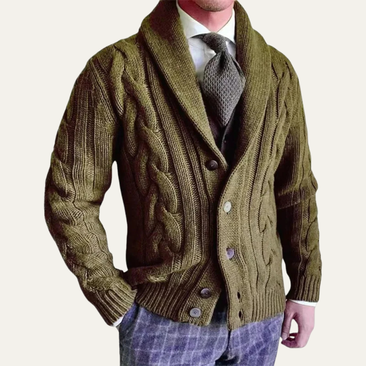 Jade | Men's Cable Knit Cardigan Gray Shawl Collar Button Up