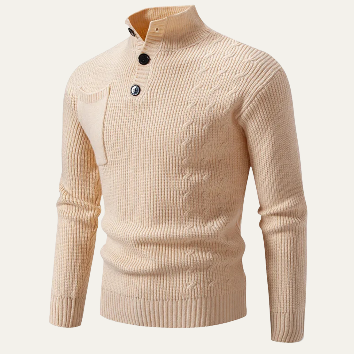 Beau | Men's Cable Knit Mock Neck Sweater Cream Button Collar