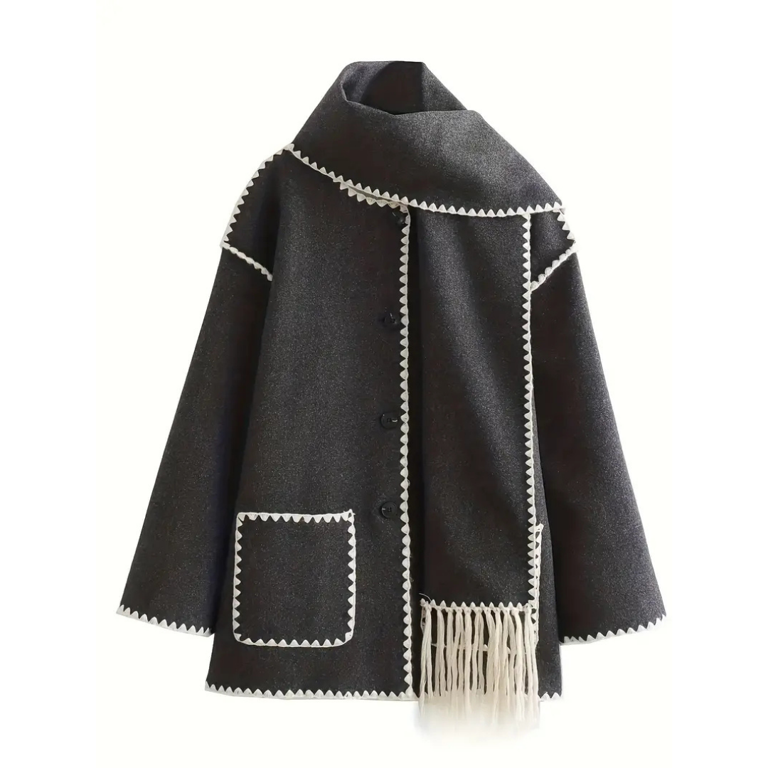 Sable | Women's Wool Coat Cream Black Trim Pocket Detail