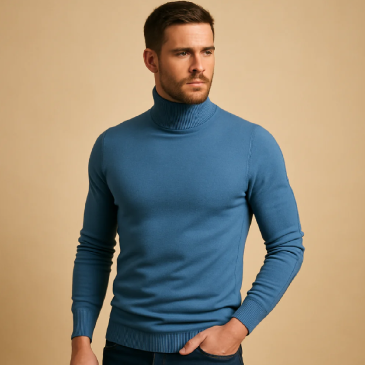 Rhys | Men's Turtleneck Sweater Brown Crew Neck Long Sleeve