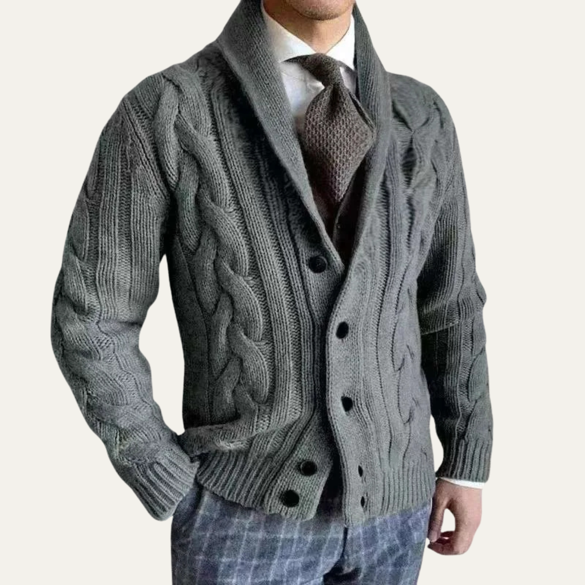 Jade | Men's Cable Knit Cardigan Gray Shawl Collar Button Up