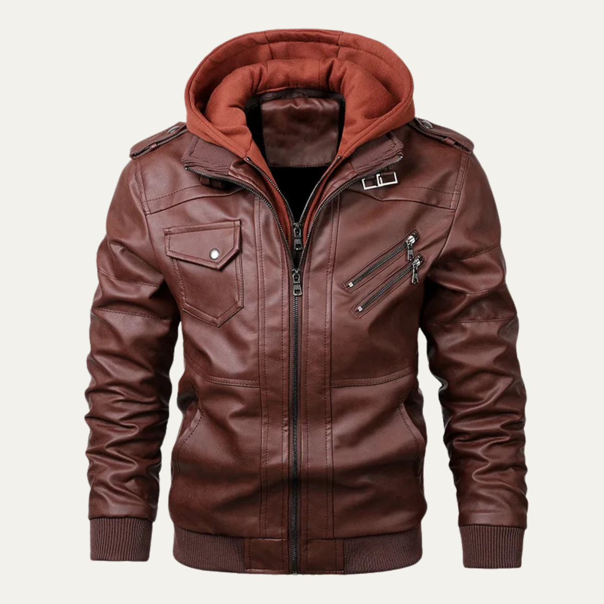 Kai | Men's Leather Jacket Black Hooded Zip Up