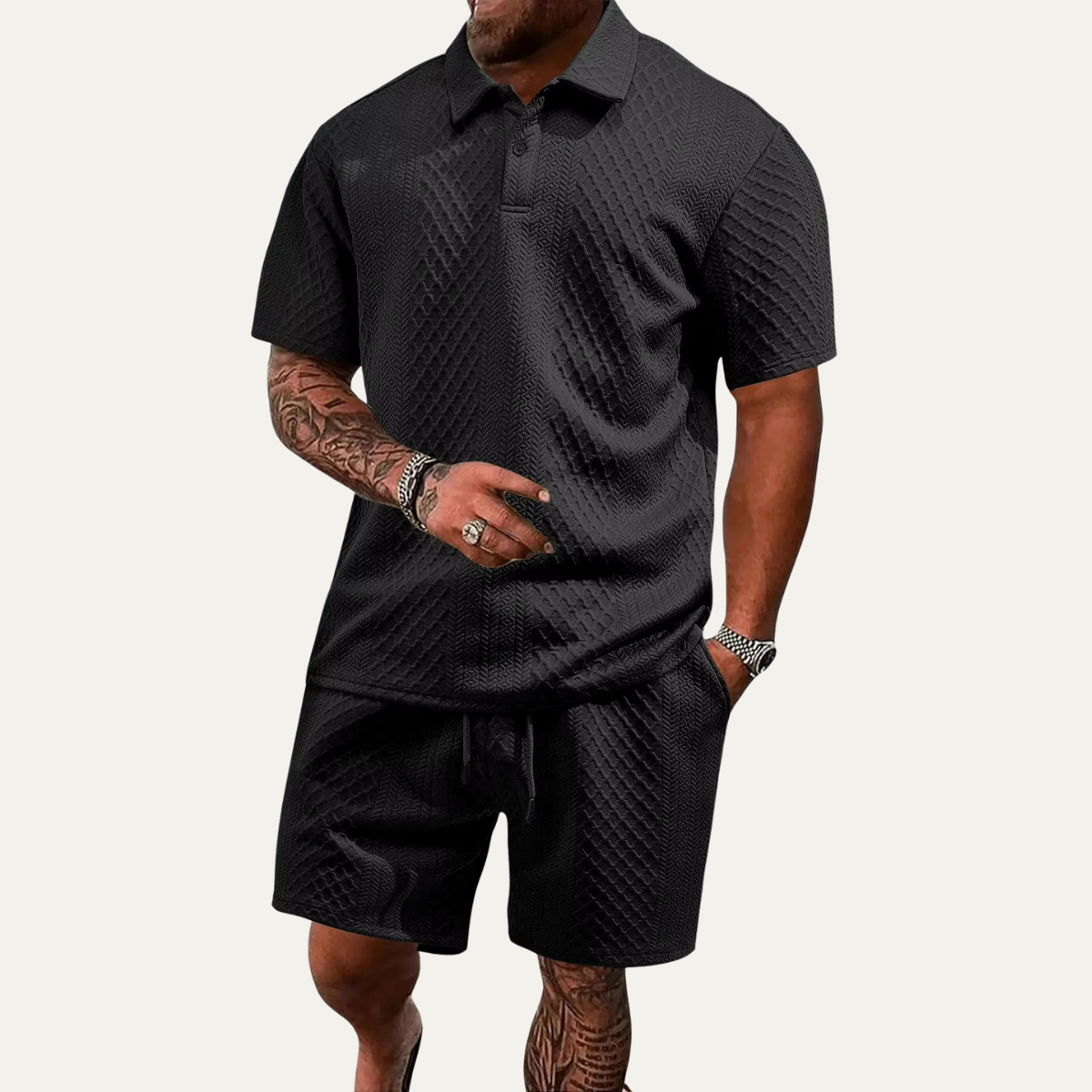 Sage | Men's Casual Textured Polo Shorts Set Black