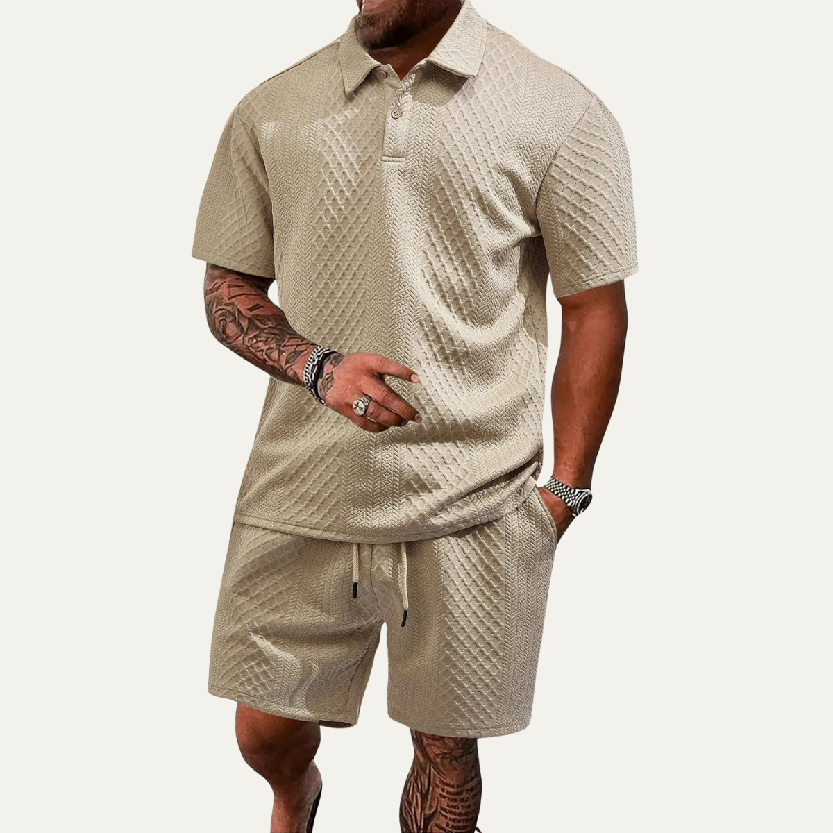Sage | Men's Casual Textured Polo Shorts Set Black