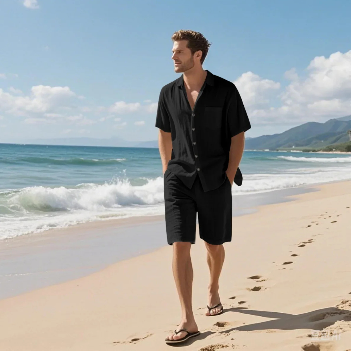 Kai | Men's Sweatsuit Black Short Sleeve Shirt Shorts Set