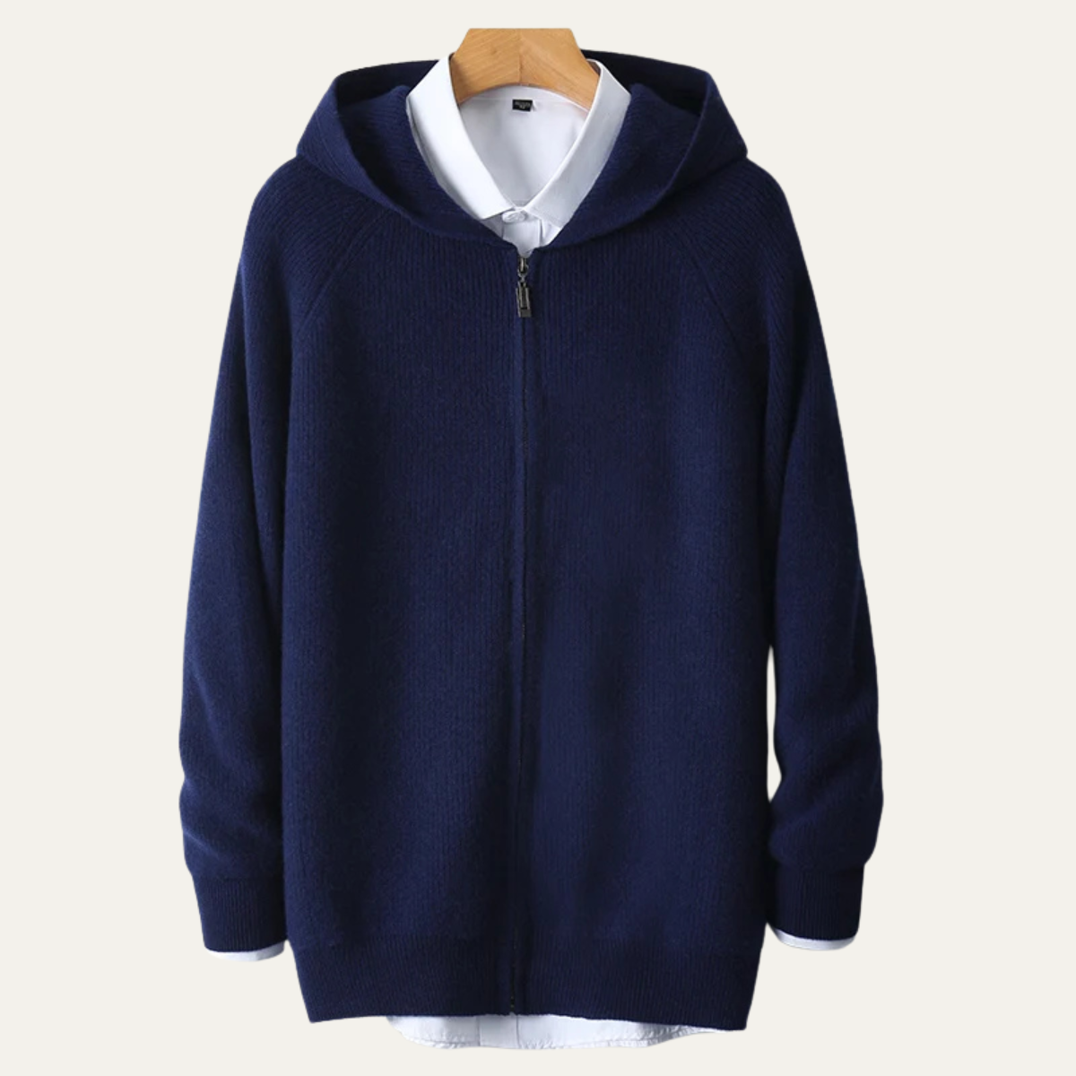 Callum | Men's Ribbed Hooded Zip Up Cardigan Cream