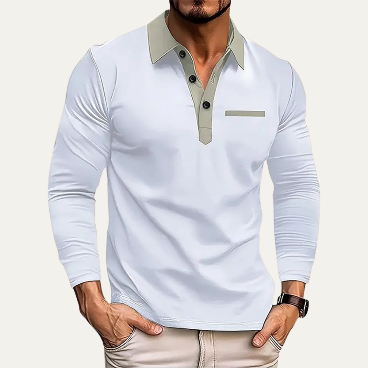 Bram | Men's Fitted Polo Shirt Cream Black Collar Long Sleeve