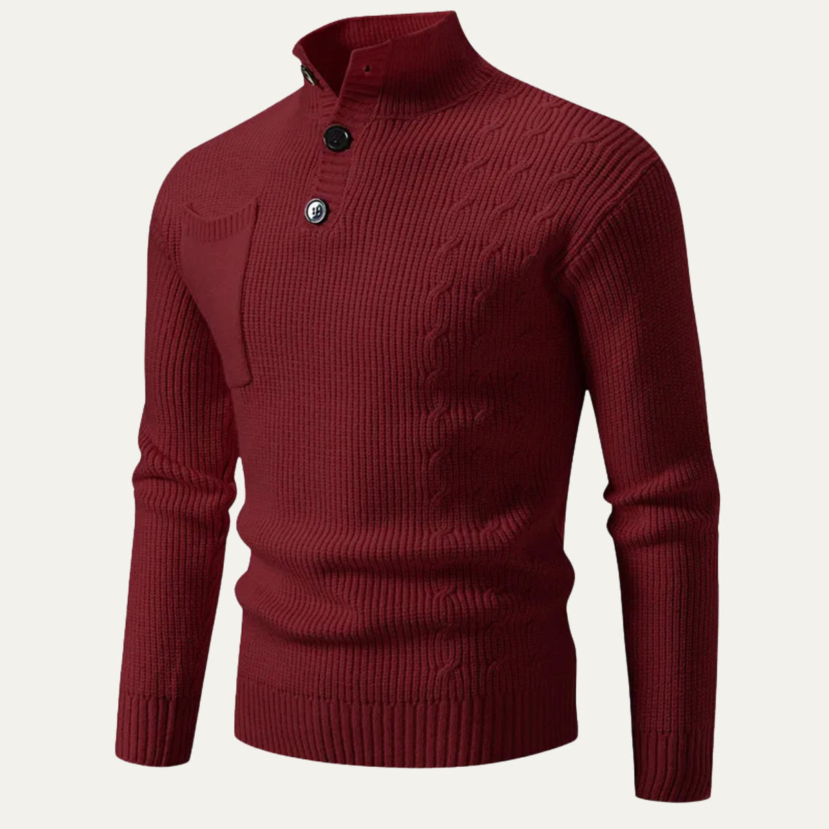 Beau | Men's Cable Knit Mock Neck Sweater Cream Button Collar