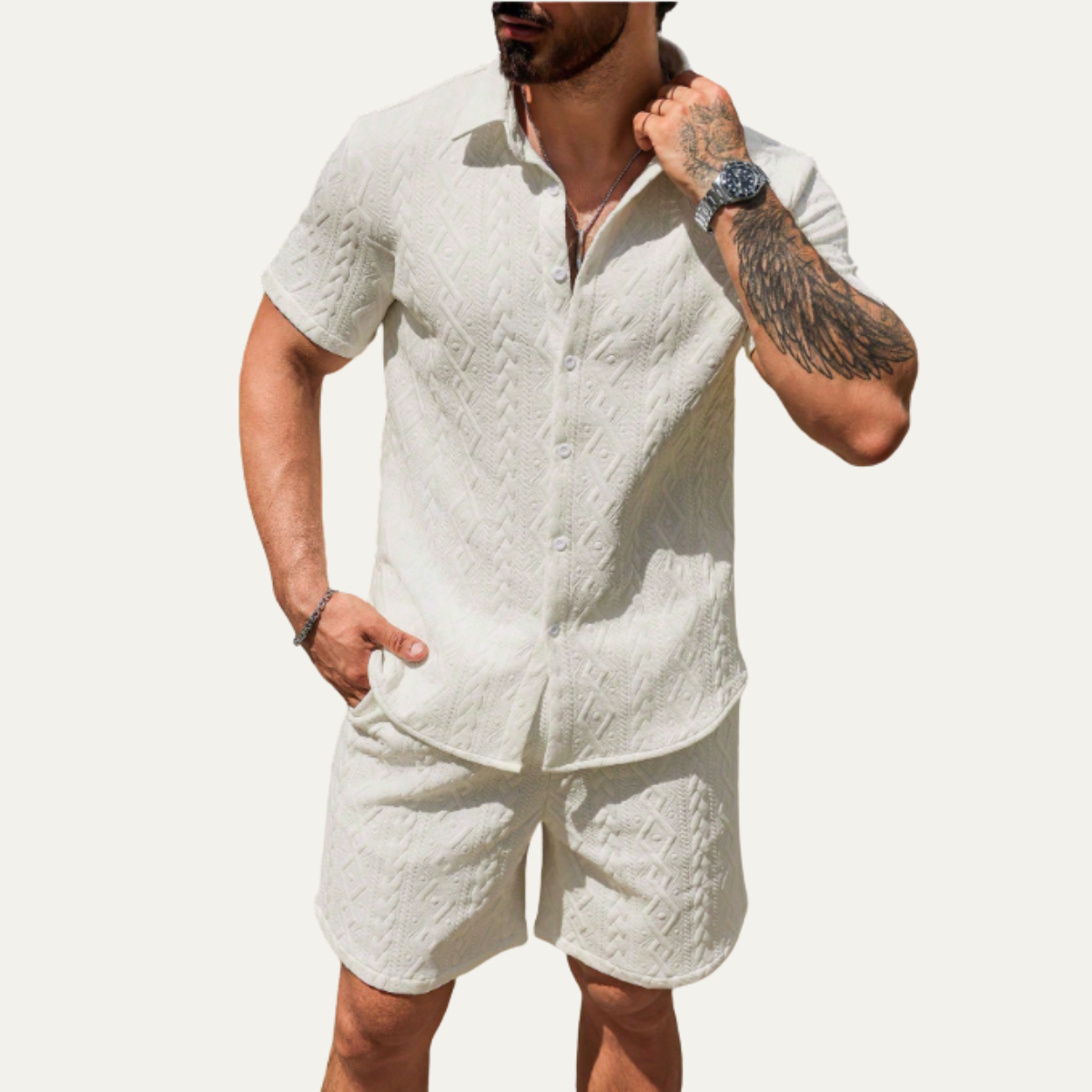 Kai | Men's Textured Cable Knit Sweatsuit Cream Short Sleeve