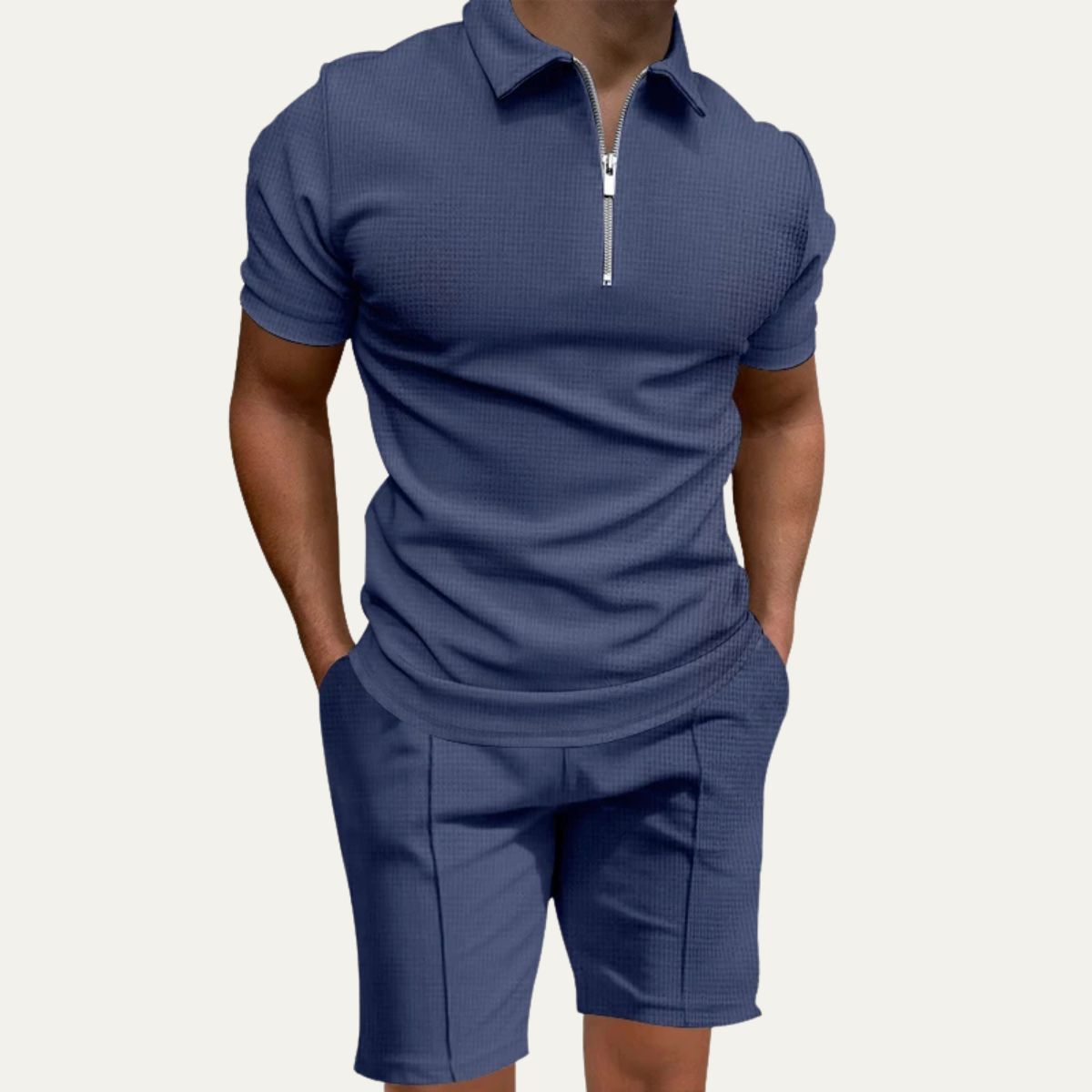 Jasper | Men's Sweatsuit Navy Ribbed Short Sleeve Zip Polo