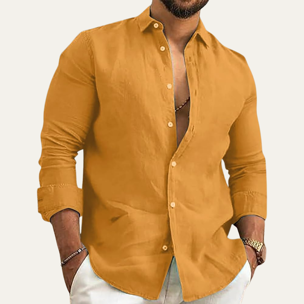 Luca | Men's Linen Button Up Shirt Cream Long Sleeve