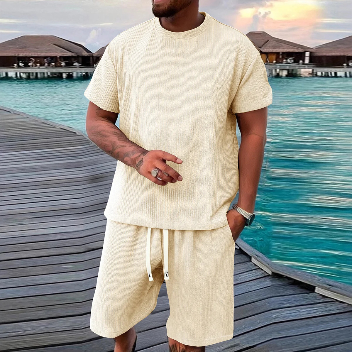 Kade | Men's Sweatsuit Cream Ribbed Knit Short Sleeve