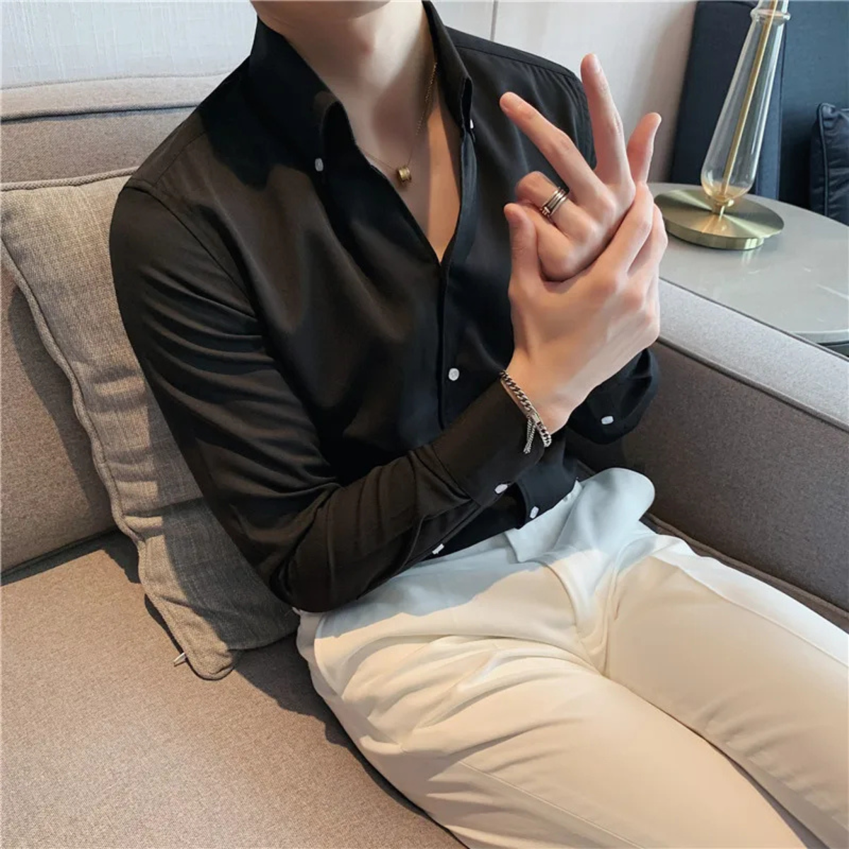 Beau | Men's Button Up Shirt Black Italian Collar Long Sleeve