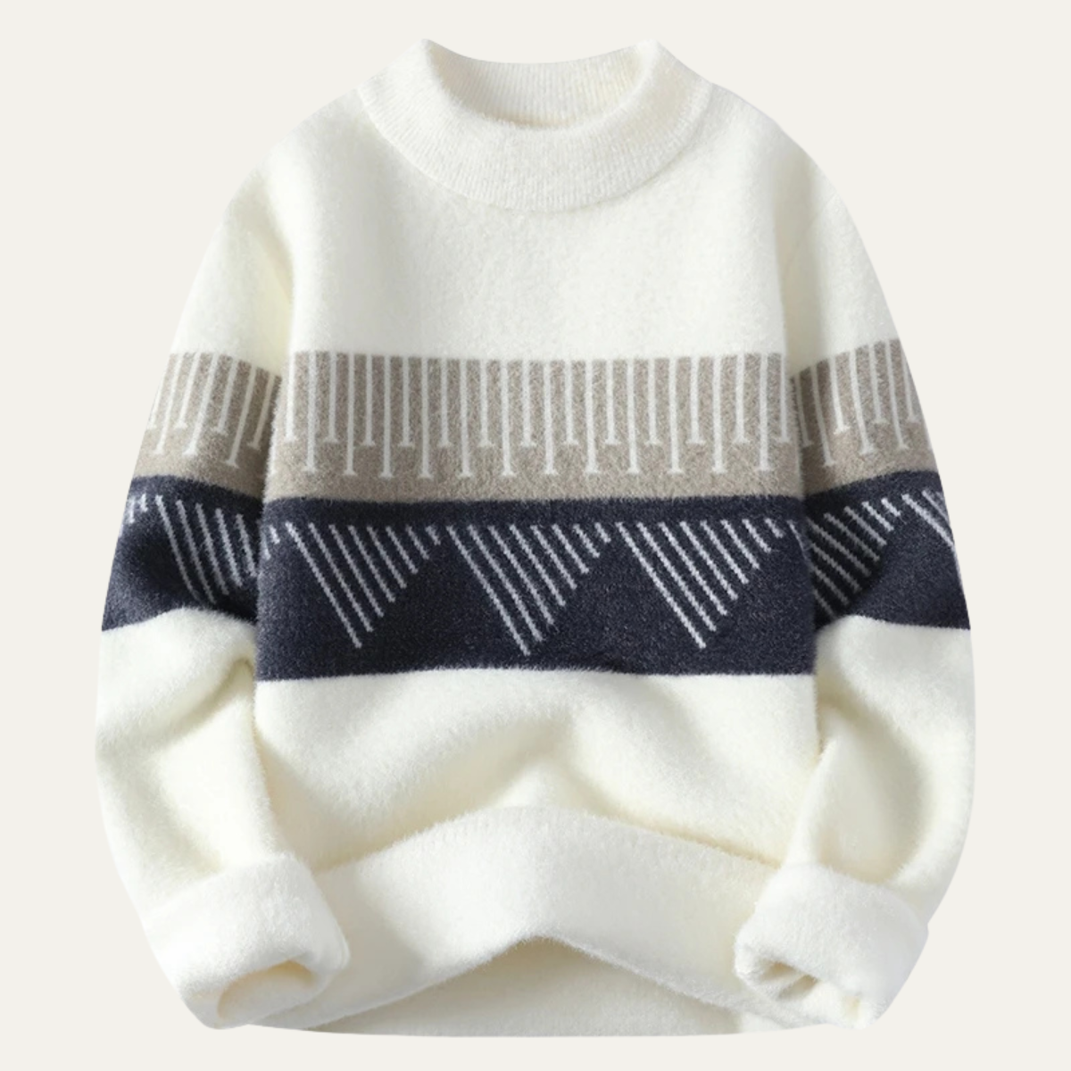 Kai | Men's Crew Neck Sweater Cream Navy Geometric Stripe