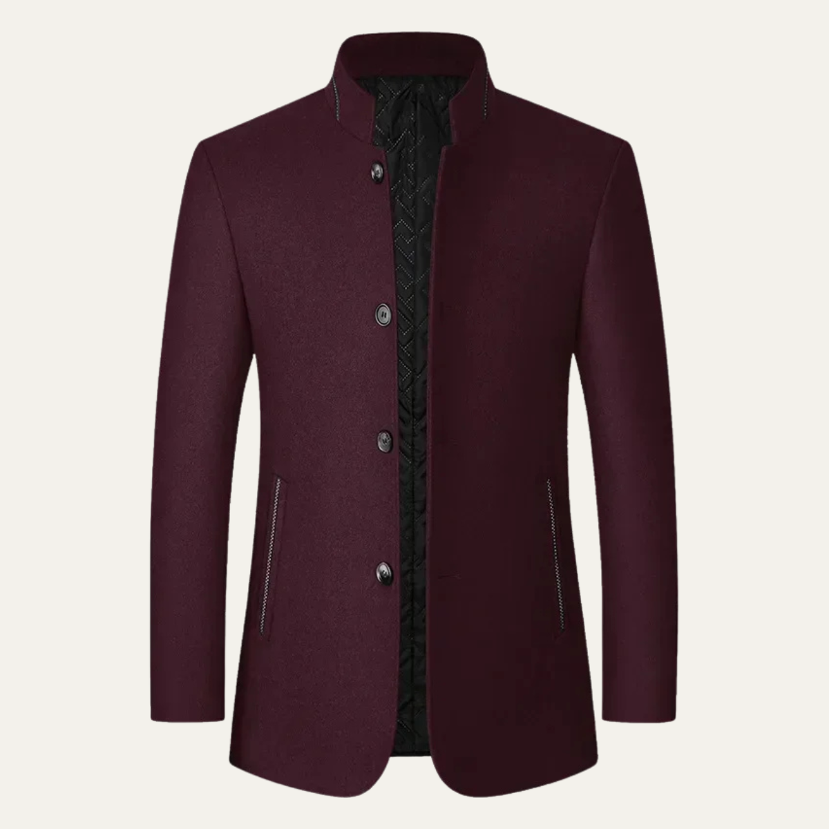 Leo | Men's Wool Coat Black Stand Collar Button Front
