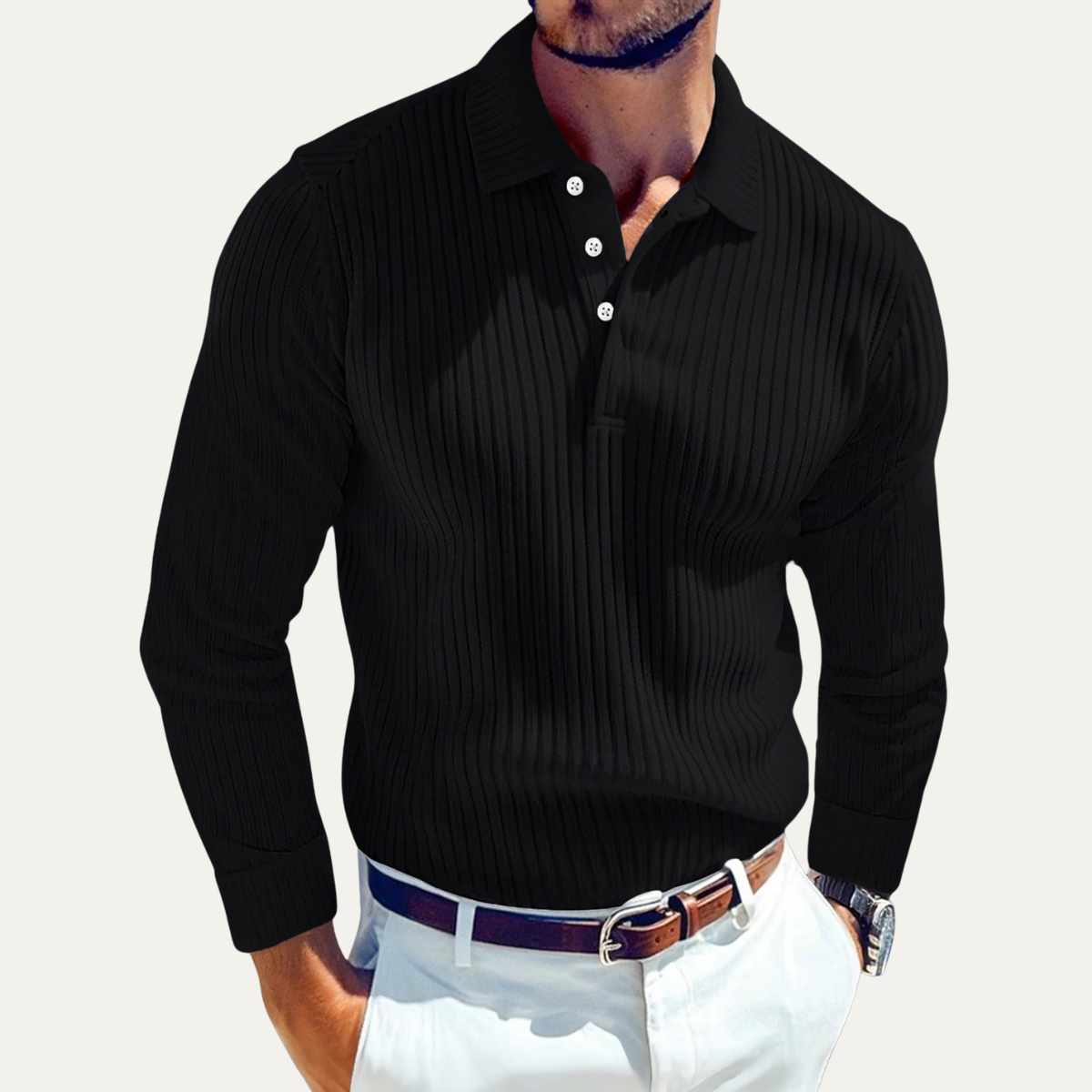 Beau | Men's Ribbed Long Sleeve Polo Shirt Cream